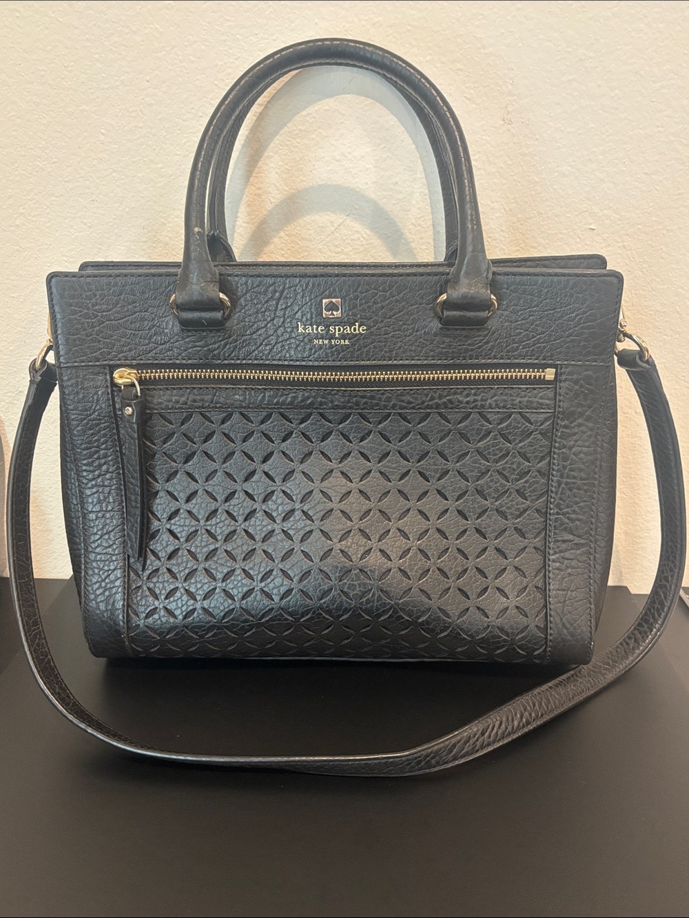 kate spade Black Perforated Leather Satchel with Shoulder Strap and Top Handles